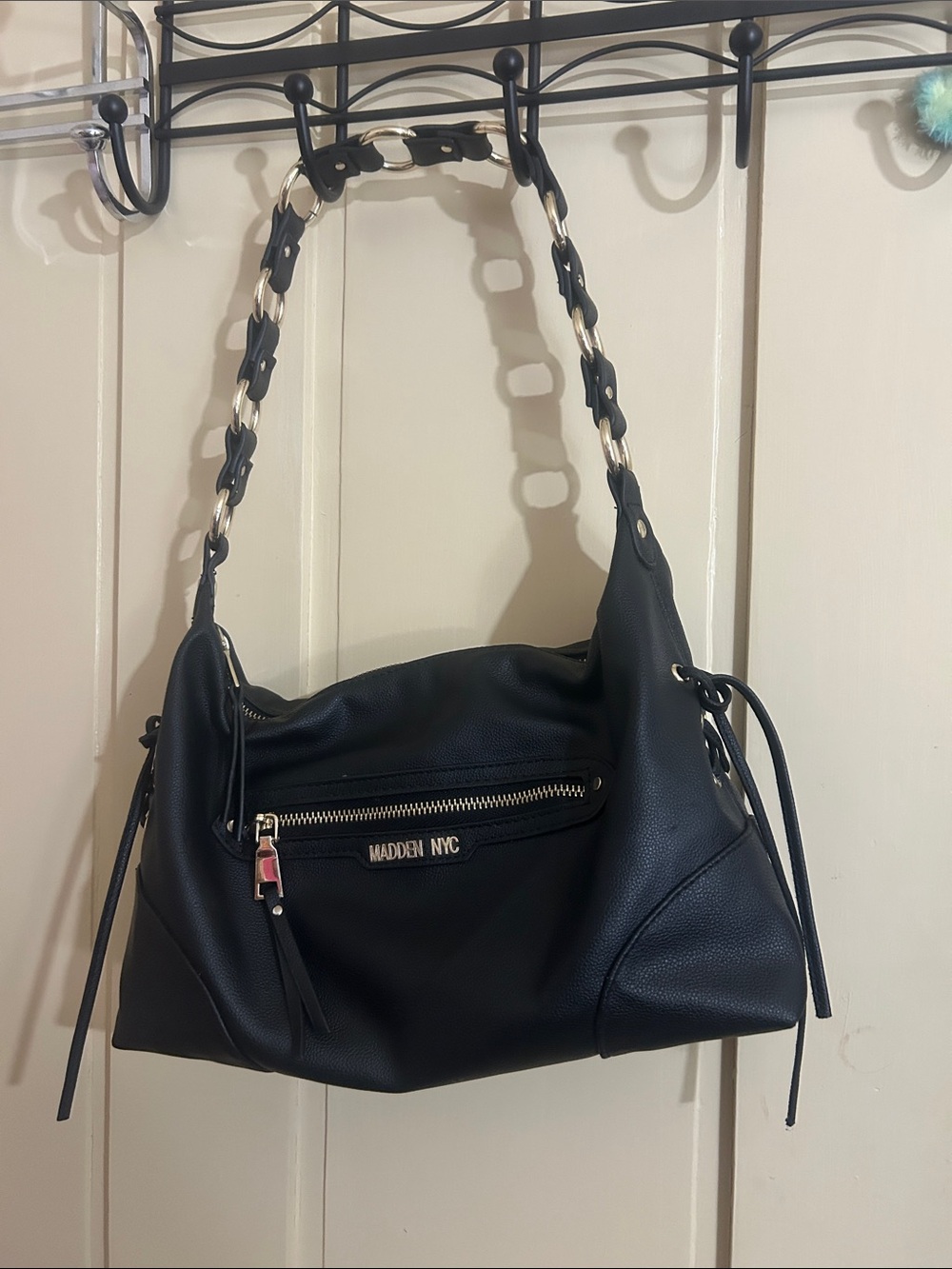 Madden NYC Black Leatherette Shoulder Bag with Chain-Accent Strap